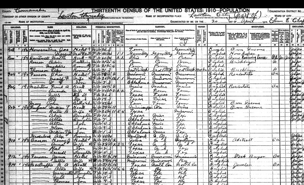 1910 Lawton, Oklahoma, census record.