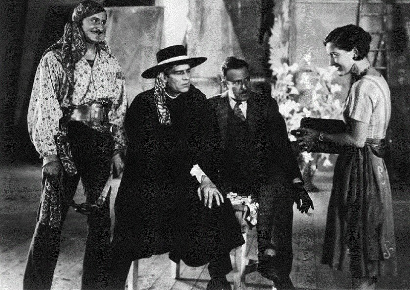 1927. On the set of 'The Unknown.' With Norman Kerry, Lon Chaney, and director Tod Browning.