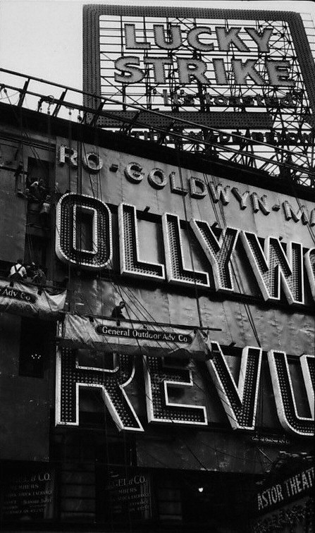 Constructing the 'Hollywood Revue' sign at the Astor in NYC.