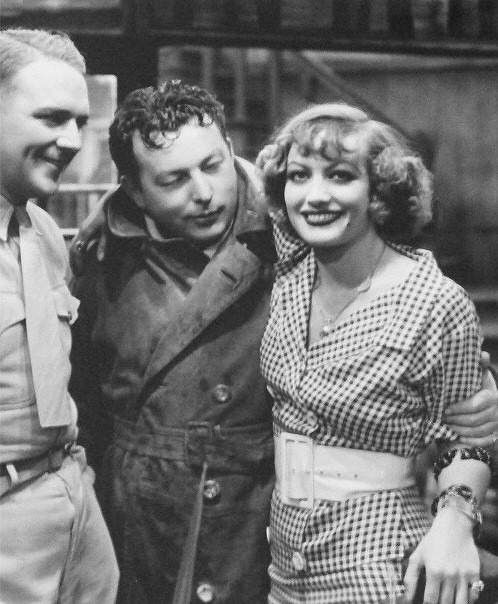 1932. On the set of 'Rain' with William Gargan and director Lewis Milestone.