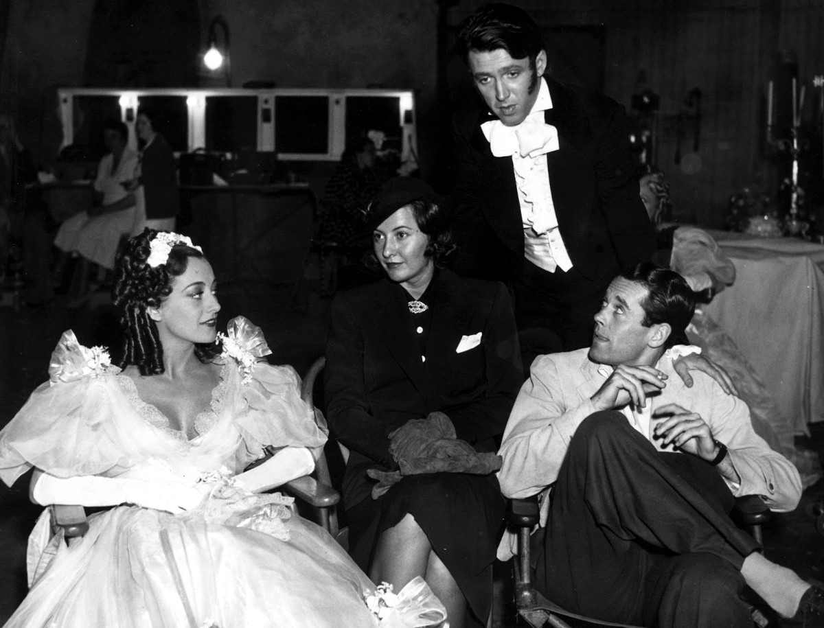 On the set of 'Gorgeous Hussy' with Stanwyck, Stewart, and Fonda.