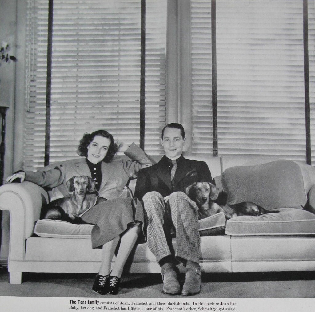 1936. At home with Franchot and pups Baby and Bubchen. (From 'Life,' March 1, 1937.)