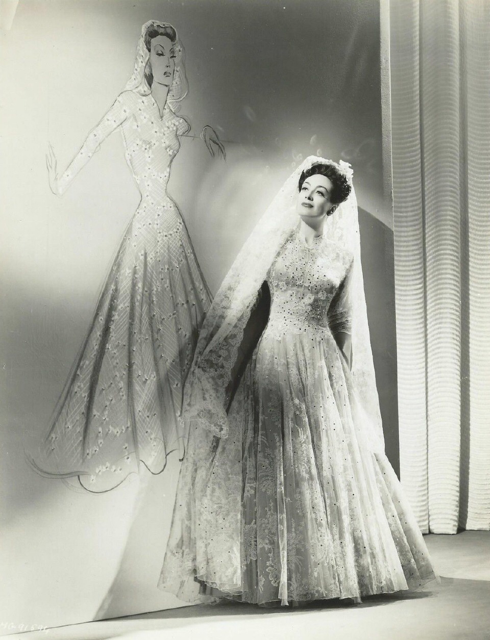 1942 publicity for 'Reunion in France' with costume and sketch by Irene.