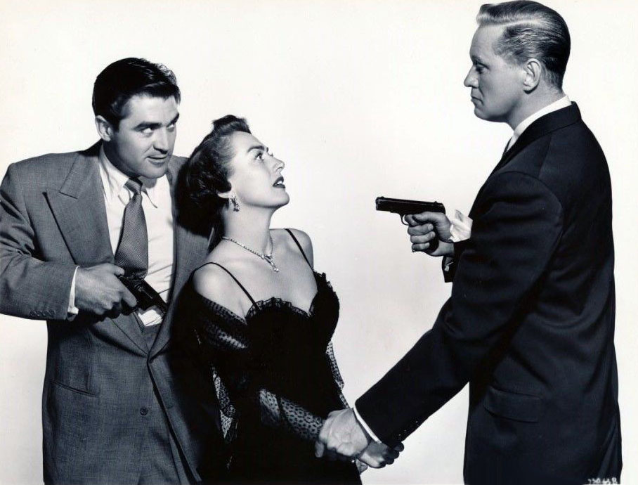 1950. 'The Damned Don't Cry' publicity with Steve Cochran and David Brian.