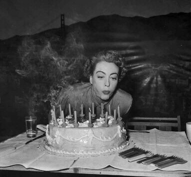 1952. Happy birthday to Joan on the 'Sudden Fear' set.