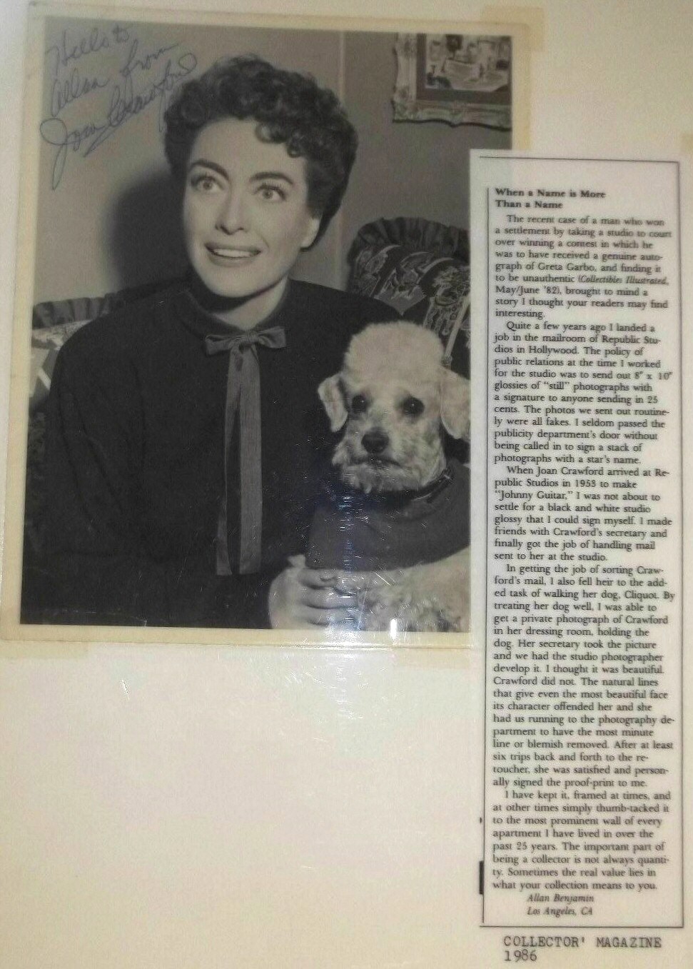 1954. In her dressing room on the set of 'Johnny Guitar.' With mail-clerk Allan Benjamin's story behind the photo.