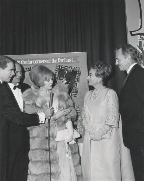 1965, attending 'Lord Jim' with Army Archerd (far left) and James Mason (right).