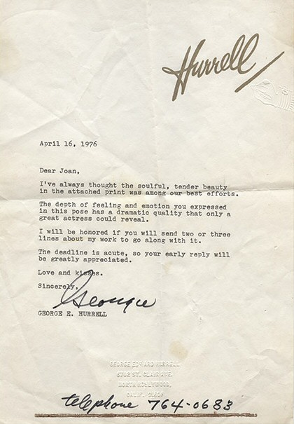 The above photo accompanied Hurrell's 1976 letter to Joan.