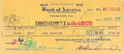 An 
April 8, 1936, paycheck for Joan from MGM. Thanks, Rick!