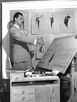 William Travilla with 'Flamingo Road' sketches.