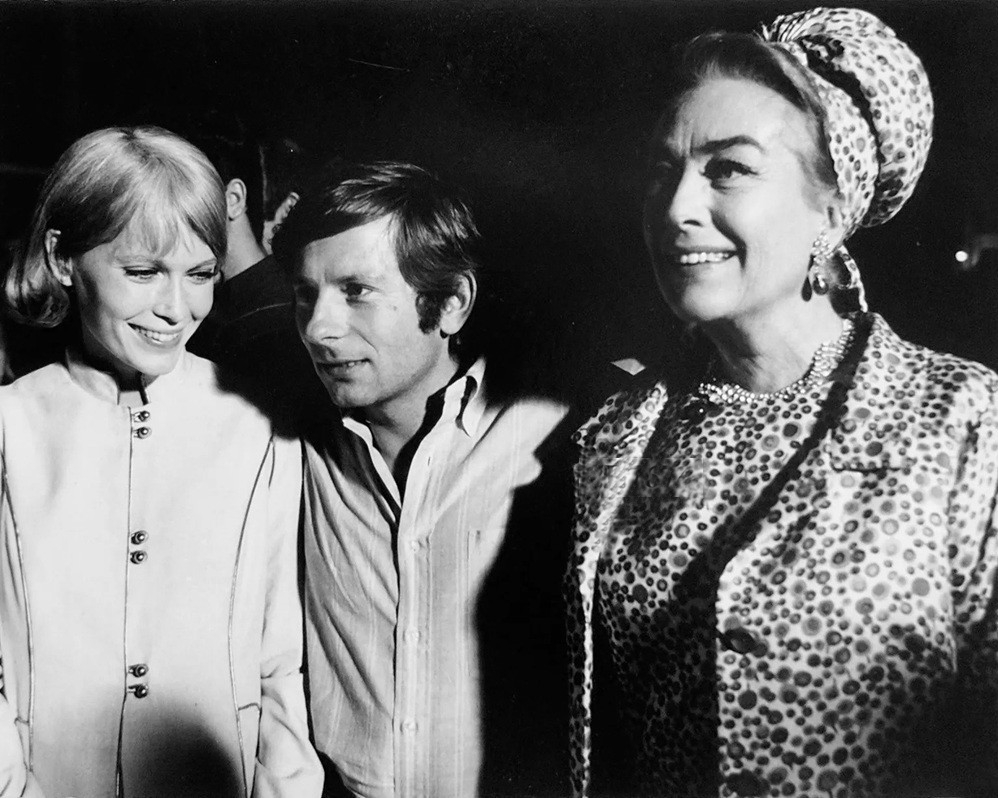 1967. On the set of 'Rosemary's Baby' with Mia Farrow and Roman Polanski.
