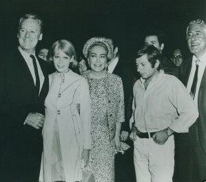 1968, on the set of 'Rosemary's Baby.' From left: Van Johnson, Mia Farrow, Joan, Roman Polanski, film producer William Castle.